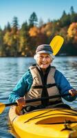 ai généré une femme dans sa Années 60 kayaks sur une lac, entouré par magnifique la nature photo