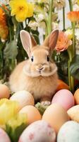 ai généré un adorable lapin lapin séance dans une lit de fleurs, entouré par Pâques des œufs photo