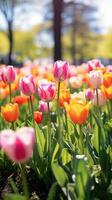 ai généré une étourdissant image de une champ de vivement coloré tulipes photo