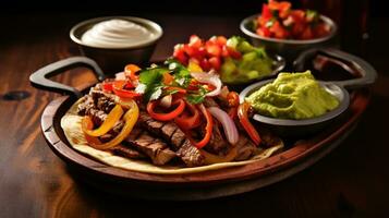 ai généré un appétissant photo de une grésillant assiette de fajitas, servi avec chaud tortillas, Frais pico de gallo