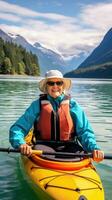 ai généré une femme dans sa Années 60 kayaks sur une lac, entouré par magnifique la nature photo