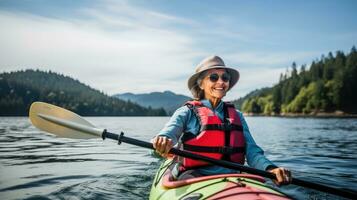 ai généré une femme dans sa Années 60 kayaks sur une lac, entouré par magnifique la nature photo