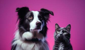 ai généré une chien et chat permanent sur une violet arrière-plan, photo