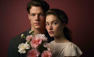 ai généré une couple avec fleurs près chaque autre, je, softbox éclairage photo