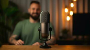 ai généré génératif ai, microphone pour podcast, homme enregistrement l'audio, hôte streaming, flou Contexte photo