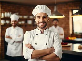 ai généré une caucasien garçon habillé comme une chef et en train de préparer nourriture dans cuisine. photo