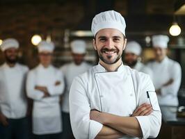 ai généré une caucasien garçon habillé comme une chef et en train de préparer nourriture dans cuisine. photo