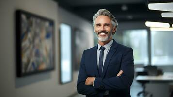 ai généré portrait de souriant Sénior homme d'affaire avec bras franchi debout. bokeh Contexte photo