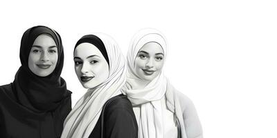 ai généré portrait de Trois magnifique musulman femmes avec hijab isolé sur blanc Contexte photo