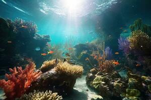 ai généré tropical mer sous-marin des poissons sur corail récif. aquarium océanarium faune coloré Marin panorama paysage la nature tuba plongée. ai génératif. photo