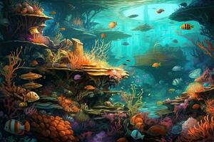 ai généré tropical mer sous-marin des poissons sur corail récif. aquarium océanarium faune coloré Marin panorama paysage la nature tuba plongée. ai génératif. photo