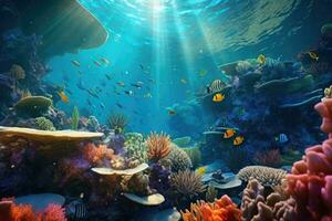 ai généré tropical mer sous-marin des poissons sur corail récif. aquarium océanarium faune coloré Marin panorama paysage la nature tuba plongée. ai génératif. photo