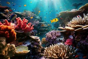 ai généré tropical mer sous-marin des poissons sur corail récif. aquarium océanarium faune coloré Marin panorama paysage la nature tuba plongée. ai génératif. photo