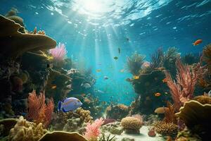 ai généré tropical mer sous-marin des poissons sur corail récif. aquarium océanarium faune coloré Marin panorama paysage la nature tuba plongée. ai génératif. photo