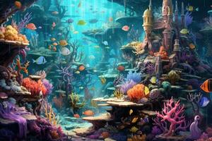 ai généré tropical mer sous-marin des poissons sur corail récif. aquarium océanarium faune coloré Marin panorama paysage la nature tuba plongée. ai génératif. photo