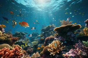 ai généré tropical mer sous-marin des poissons sur corail récif. aquarium océanarium faune coloré Marin panorama paysage la nature tuba plongée. ai génératif. photo