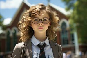 ai généré école fille portant lunettes avec sac à dos photo