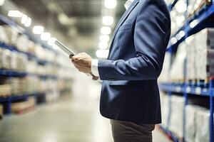 ai généré homme en utilisant numérique tablette tandis que en marchant dans épicerie magasin photo