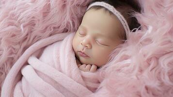 ai généré en train de dormir nouveau née bébé dans une emballage sur rose couverture photo