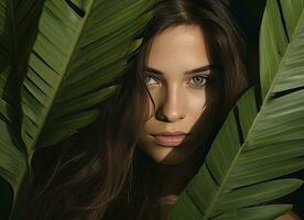 ai généré portrait de une magnifique Jeune femme avec Naturel maquillage cache visage derrière vert laisser photo