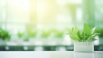 ai généré moderne vert Bureau bureau table avec les plantes. bureau les plantes pouvez réduire stress à travail photo