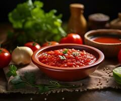 ai généré délicieux mexicain salsa sauce avec des légumes et légumes verts. traditionnel nourriture, Latin Américain, mexicain cuisine. photoréaliste, Contexte avec bokeh effet. ai généré. photo