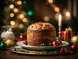 ai généré ai génératif classique italien panettone mis sur une assiette suivant à une table décoré pour le Noël vacances, photo