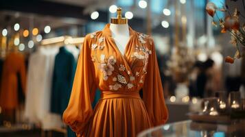 ai généré élégant Orange plissé robe avec floral broderie sur une mannequin dans une boutique, avec doux concentré lumières création une luxueux achats ambiance photo