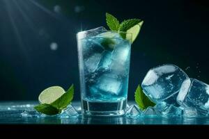 ai généré bleu lagune Mojito avec la glace cubes. pro photo