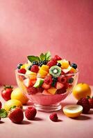 ai généré une coloré fruit salade avec Kiwis, framboises, et des oranges photo