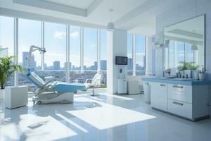 ai généré spacieux et éclairant moderne dentaire clinique intérieur avec lumière bleu et blanc tons photo