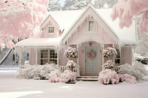 ai généré charmant de fête Noël chalet avec neigeux alentours et délicat couronne sur de face porche photo