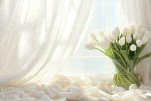 ai généré enchanteur proche en haut de blanc tulipes sur blanc tableau, doucement illuminé avec une toucher de élégance photo