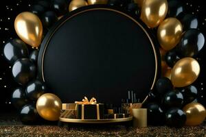 ai généré anniversaire Cadre avec d'or et noir des ballons et confettis, Vide Cadre sur d'or des ballons et d'or confettis avec noir Contexte , ai généré photo