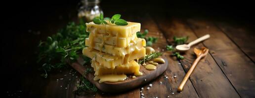 ai généré fromage mélanger sur en bois assiette nature morte. ai génératif. photo