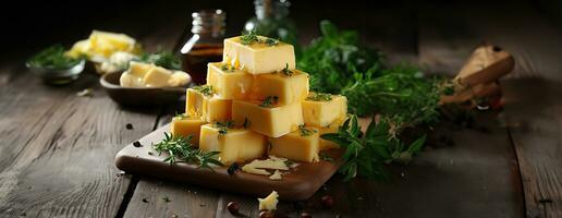 ai généré fromage mélanger sur en bois assiette nature morte. ai génératif. photo