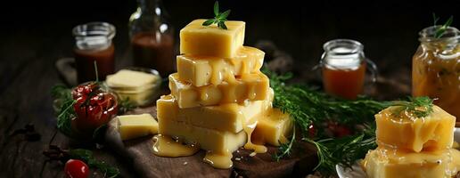 ai généré fromage mélanger sur en bois assiette nature morte. ai génératif. photo