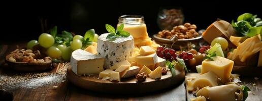 ai généré fromage mélanger sur en bois assiette nature morte. ai génératif. photo