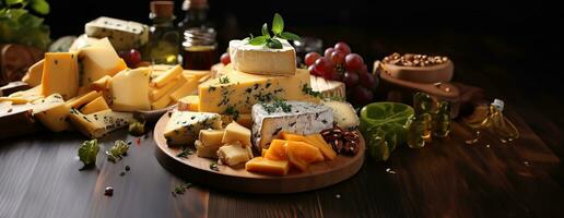 ai généré fromage mélanger sur en bois assiette nature morte. ai génératif. photo