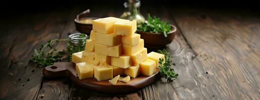 ai généré fromage mélanger sur en bois assiette nature morte. ai génératif. photo