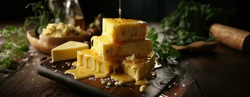 ai généré fromage mélanger sur en bois assiette nature morte. ai génératif. photo