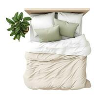 ai généré lit avec une en bois tête de lit, blanc literie, beige couette, et vert accent oreillers, complété par une mis en pot plante. double lit isolé sur blanc Contexte. Couper en dehors meubles. Haut voir. photo