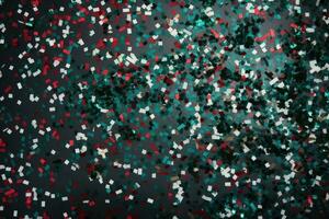 ai généré abstrait de fête vert Contexte avec multicolore scintillait confettis . photo