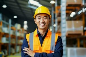 ai généré photo de Jeune asiatique ingénieur homme Beau souriant dans Orange gilet. usine ouvrier. ai généré