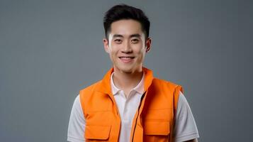 ai généré photo de Jeune asiatique ingénieur homme Beau souriant dans Orange gilet. usine ouvrier. ai généré