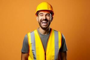 ai généré photo de Jeune asiatique ingénieur homme Beau souriant dans Orange gilet. usine ouvrier. ai généré