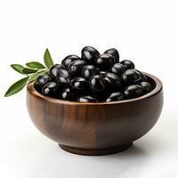 ai généré délicieux noir Olives fruit dans en bois bol photo