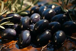 ai généré récolte Frais noir Olives fruit dans le jardin photo