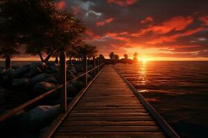 ai généré en bois pont par le mer avec la nature paysage à le coucher du soleil photo