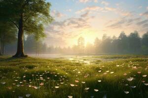 ai généré magnifique lever du soleil dans le brumeux Prairie avec une arbre et fleurs, une tranquille printemps Prairie dans le de bonne heure Matin couvert dans rosée et fleur bourgeons, ai généré photo